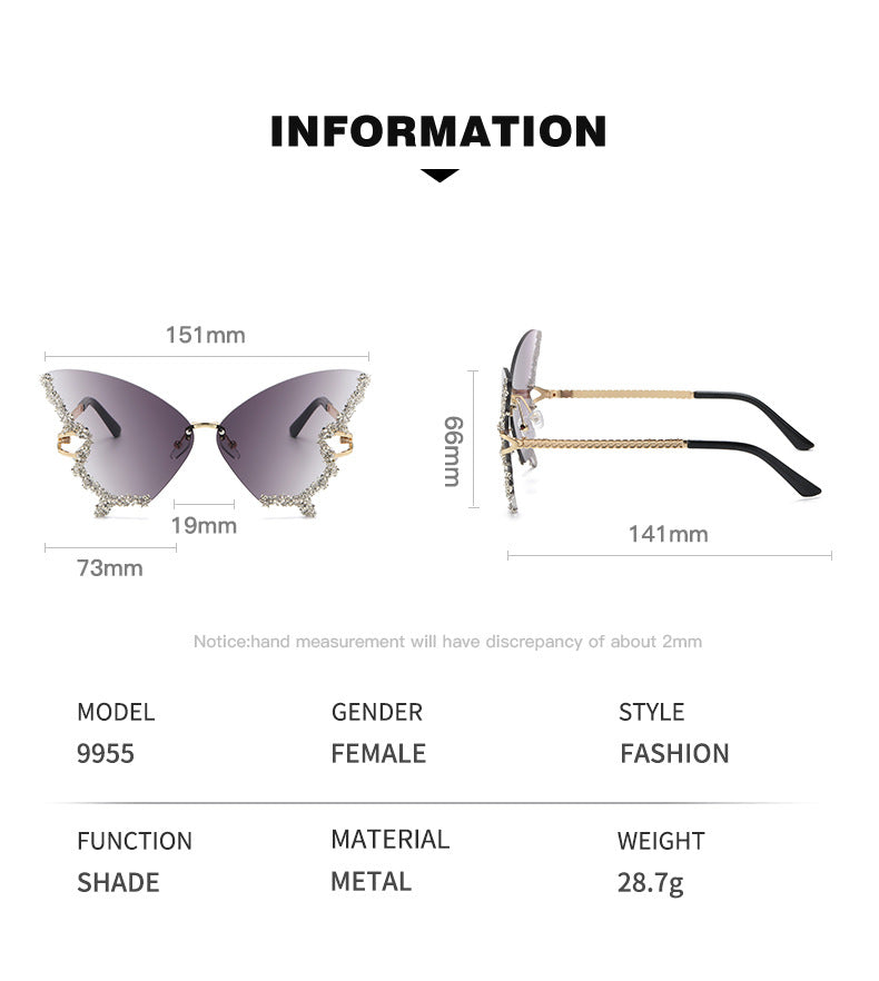 Women's fashion glasses 新款跨境大框蝴蝶镶钻无框太阳镜女ins时尚个性拍照墨镜夸张舞会