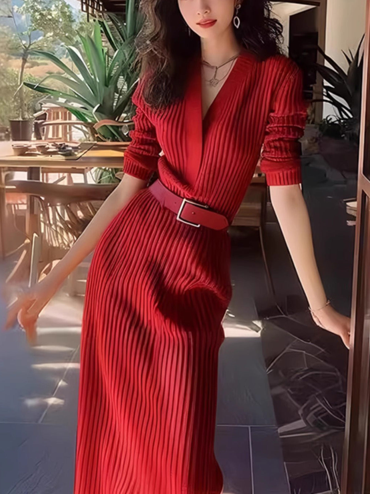 Free shipping Tattoo Korean early autumn wear Ankola red hall style waist V-neck sweater dress children 2024 new