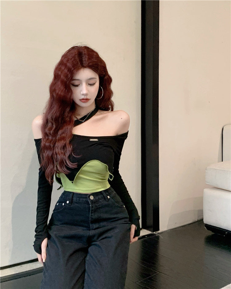 Free shipping   Cool girls and hot girls wear sweet and spicy tops ins jazz girl group pure desire style slim T-shirt women's clothing design sense niche tops