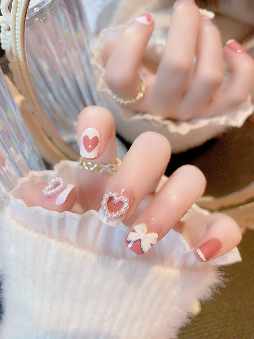 Fashion  nail Pearl Heart Bow Fake Nail Patch Finished Nail Beauty Wearable Nail Stickers X50