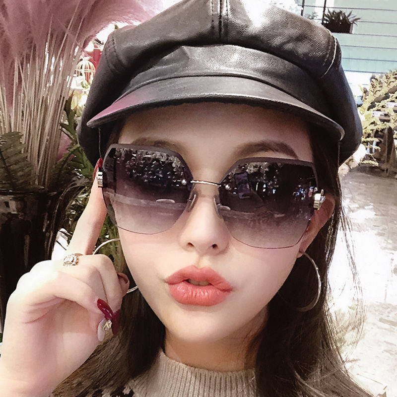 Women's fashion glasses 2024 街拍防紫外线太阳镜女无框水晶切边女士防紫外线太阳镜片