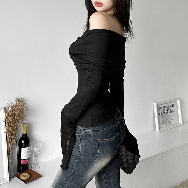 Free shipping Tattoo European and American style 2023 cross-border summer new women's clothing solid color slim fashion one-word collar sexy backless long-sleeved T-shirt tops