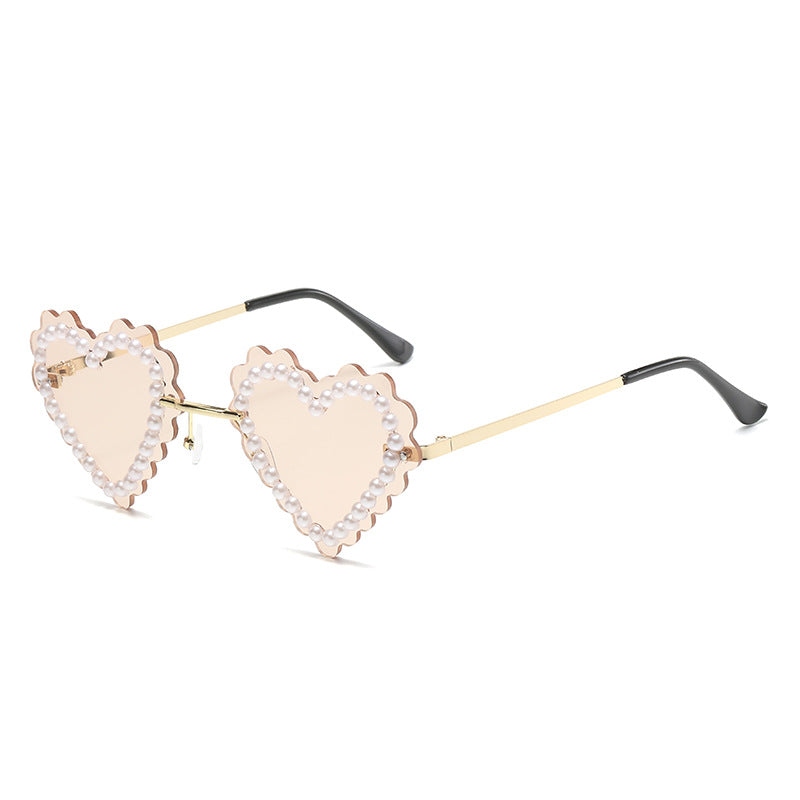 Women's fashion glasses 欧美新款无框切边镶珍珠爱心太阳镜网红街拍墨镜跨境水钻潮眼镜
