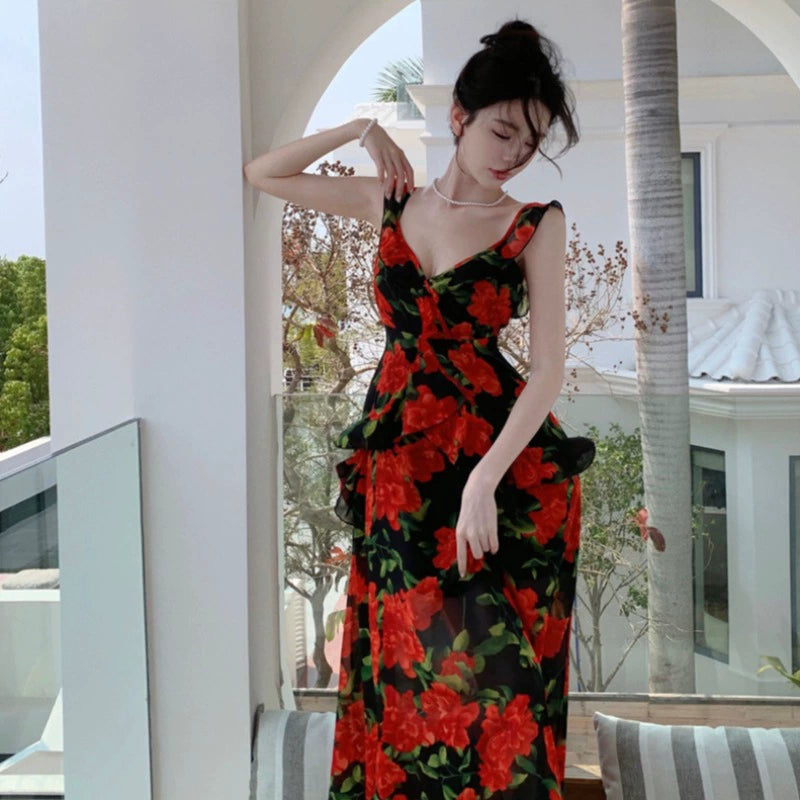 Fashion women's wear French Retro Tea Break Sling Ankle-Length Dress Women's Summer Seaside Holiday V-neck Rose Backless Slimming Dress