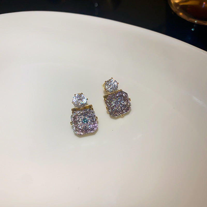 真金电镀银针方形锆石耳环港风轻奢高级感耳钉小众百搭耳饰批发女