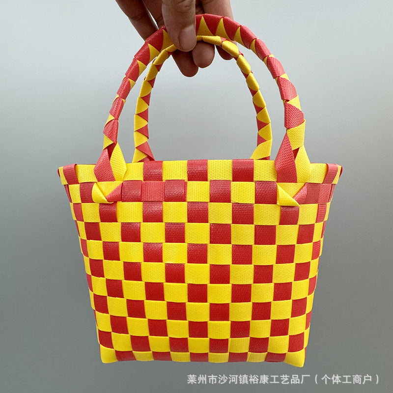 Dopamine Bag Free shipping Tattoo Cartoon dopamine plastic woven bag, trendy macaron hand-woven vegetable basket bag, cute casual seaside beach bag