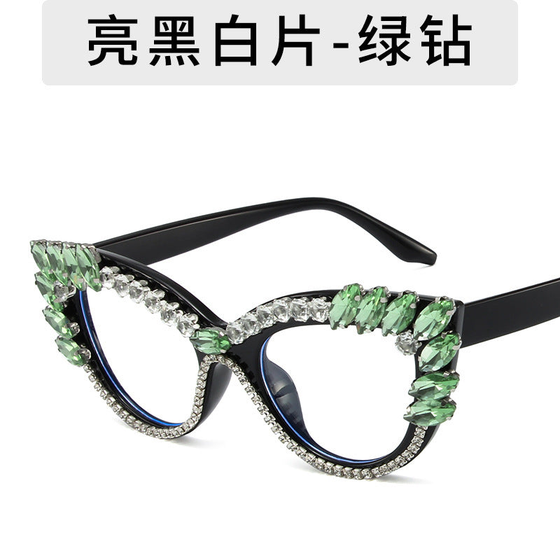 Women's fashion glasses 2023秋季新款欧美猫眼镶钻防蓝光平光镜跨境时尚网红 ins装饰眼镜