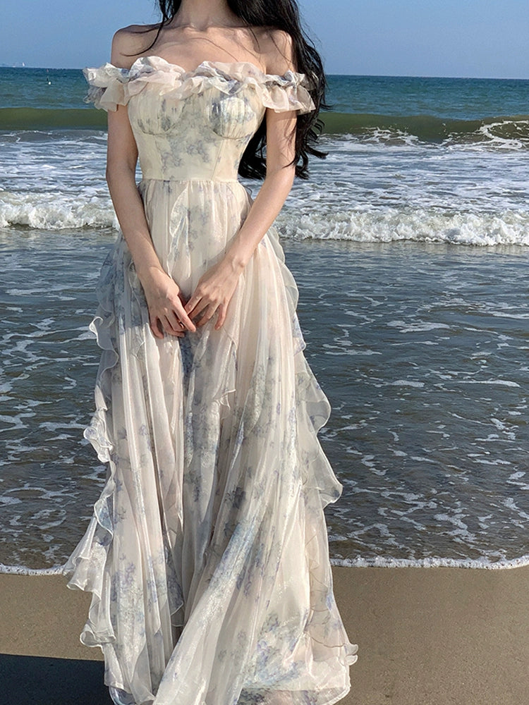 Fashion women's wear French Style Beautiful Floral off-Shoulder Spaghetti Straps Dress Female Summer Super Fairy High Sense Seaside Holiday Princess Long Dress