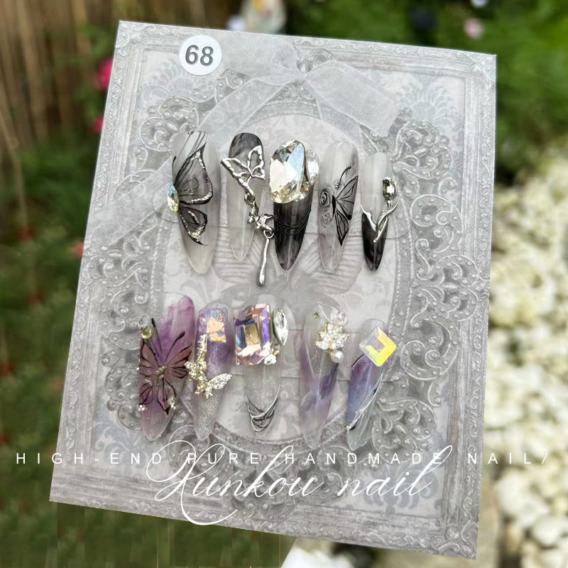(Hand-Made Nail) Purple White Heavy Industry Secret Garden Flash Pink Diamond Pearl Sequins Hand-Worn Nail Beauty Ins Style Disassembly