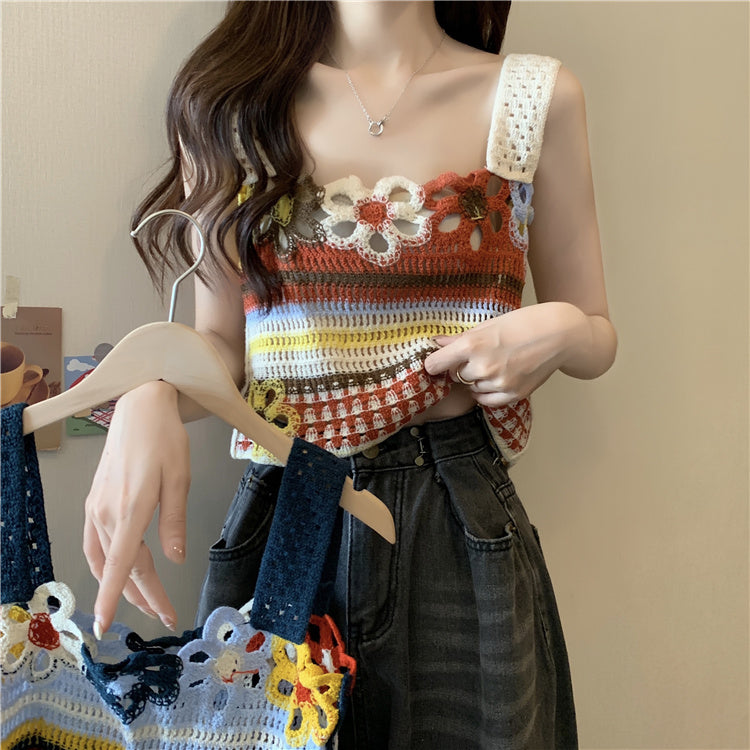 Dopamine tops Free shipping Tattoo Dopamine Stripe Hollow Suspender Small Vest Women's Xia Tailand Wear Ethnic Style Outside Thai Seaside Top