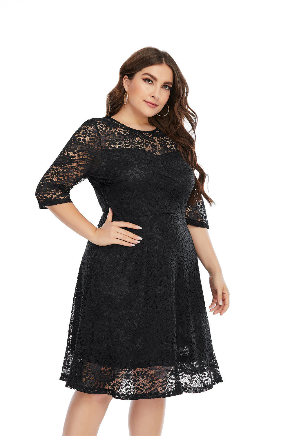 Fashion women's wear 2024   plus Size Women's Clothes round Neck Lace Mid-Length Formal Dress Dress Sq0156