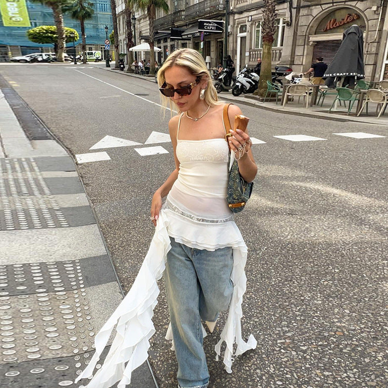 Free shipping  new solid color sleeveless suspender lace splicing fungus edge short dress tops