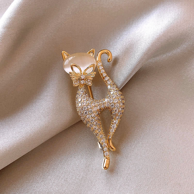 配饰胸针真金电镀锆石猫眼石猫形胸针时尚轻奢设计感胸花小众百搭饰品批发