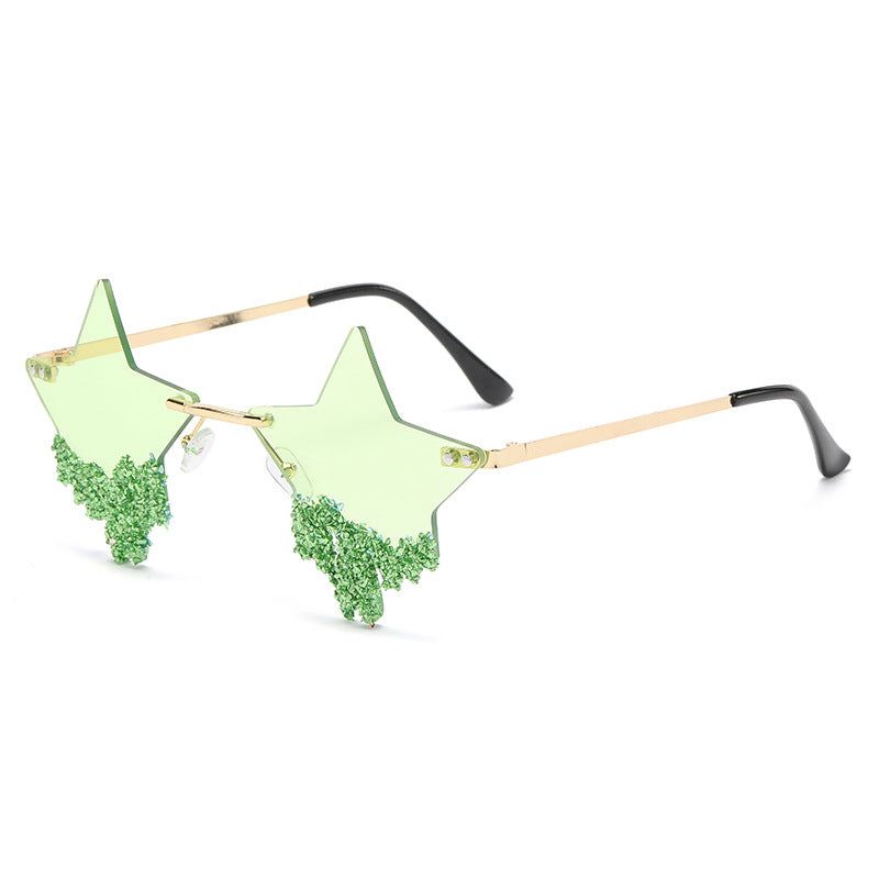 Women's fashion glasses 新款欧美五角星镶钻无框太阳镜女时尚个性夸张墨镜防紫外线