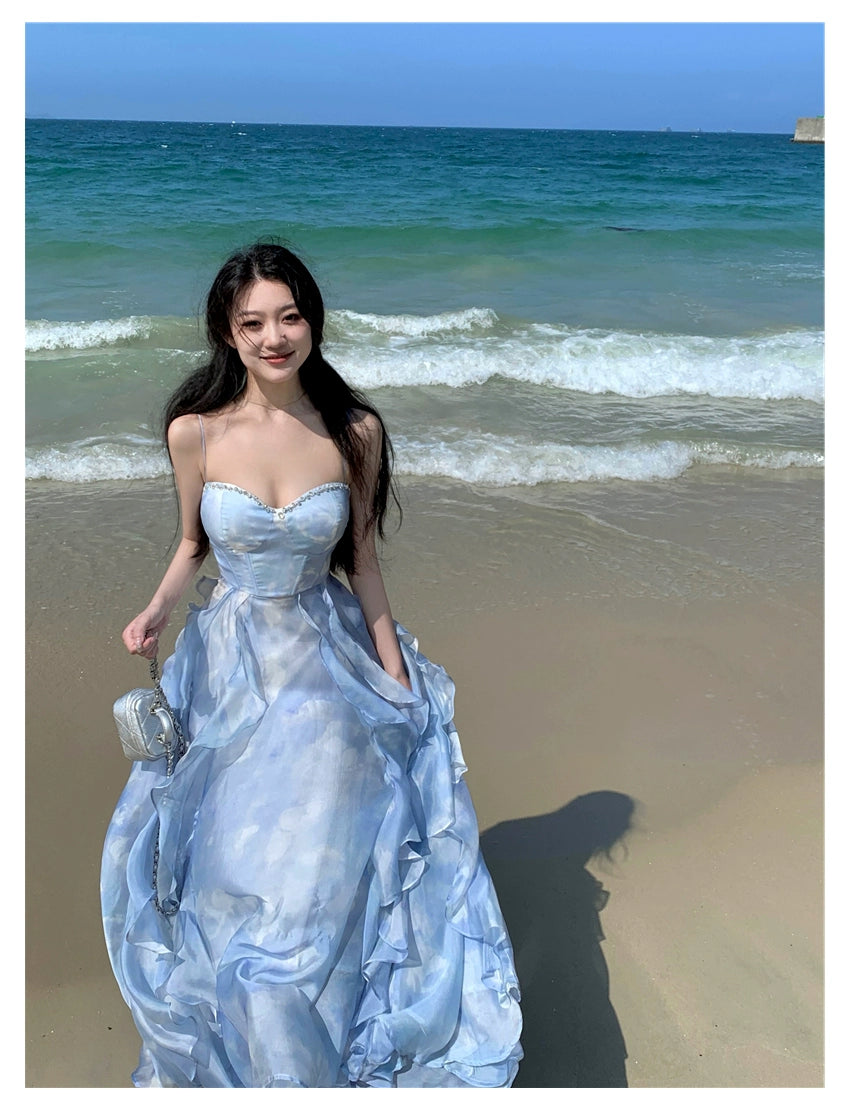 Fashion women's wear Phantom Fairy Seaside Vacation Elegant Beach Dress Ruffled Escape Princess Skirt Summer Sling Dress