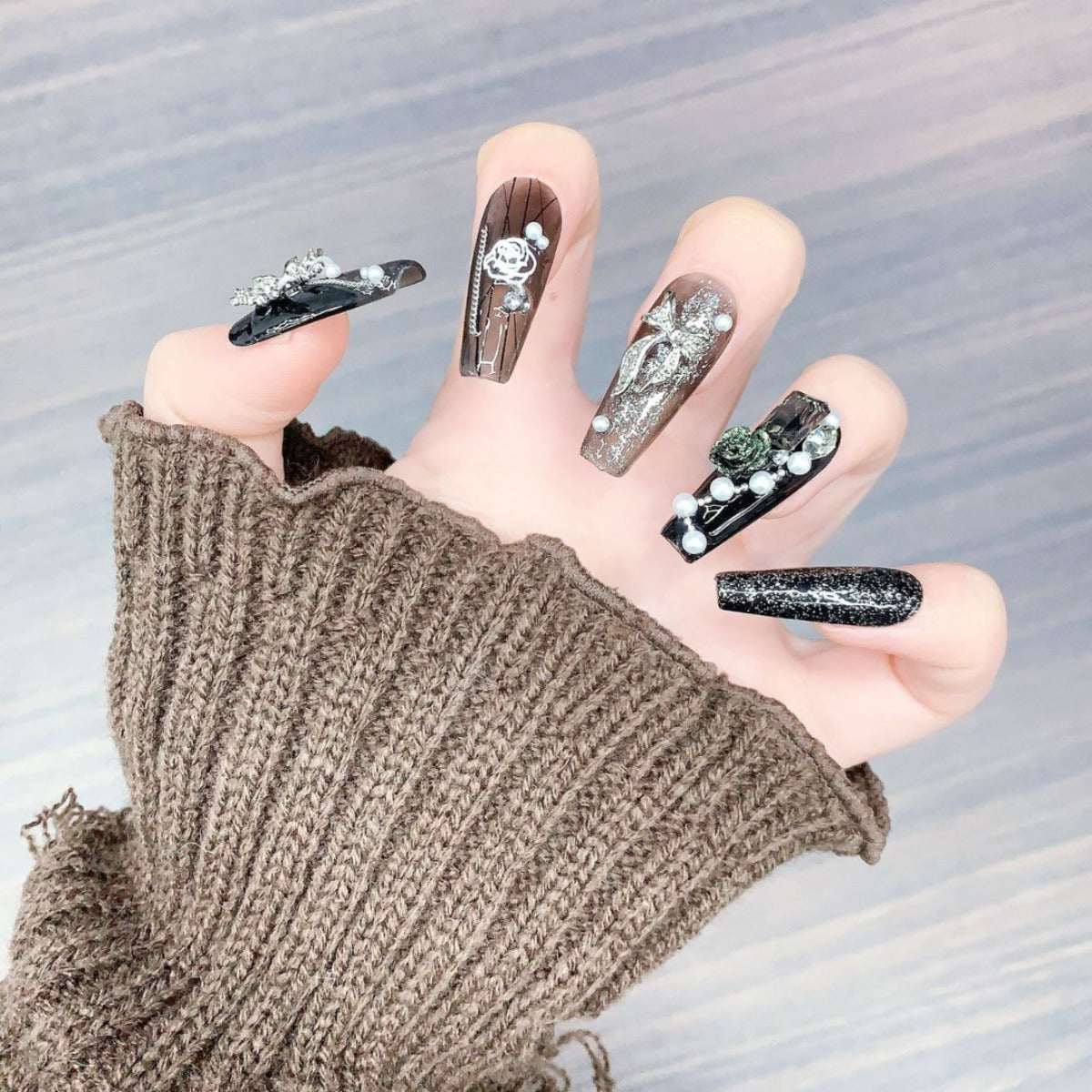 (Hand-Made Nail) Heavy Industry Super Long Ladder Hand-Worn Nail Tip Manicure Wholesale Nail Tip Nail Patch Rose Flower Sweet Cool Hot Girl