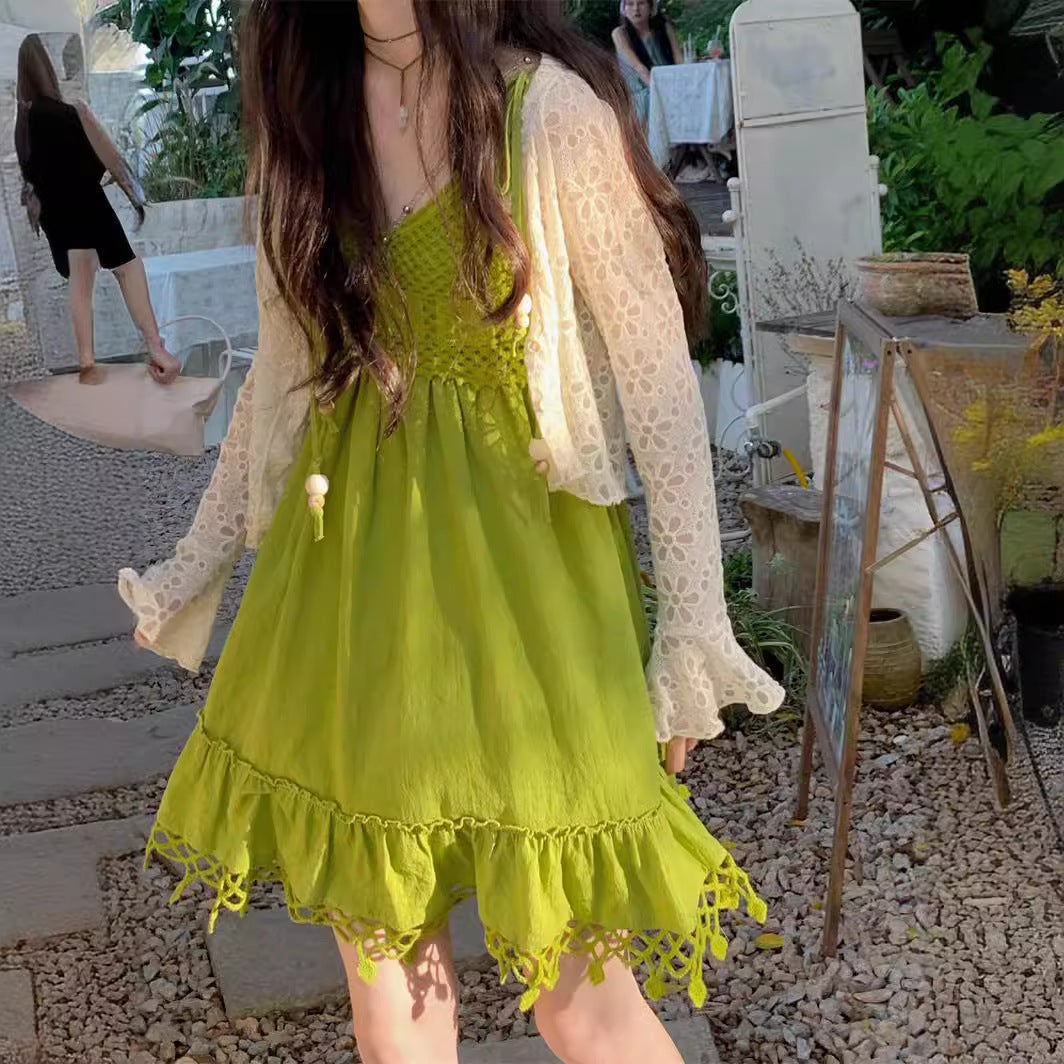 Dopamine dress Free shipping Tattoo Avocado green knitted hollow fringed suspender dress women's summer seaside vacation wind summer dopamine skirt