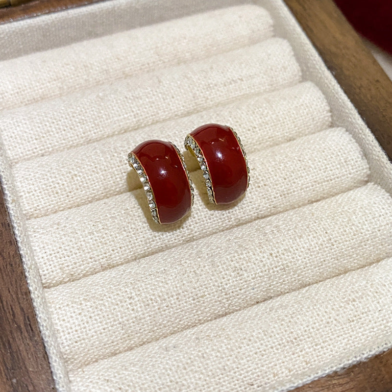 银针锆石花朵珍珠耳环新年轻奢高级感耳钉复古气质红色耳饰批发女