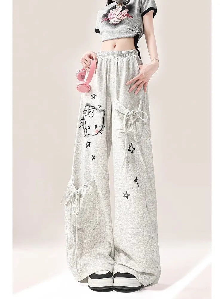 Free shipping Dopamine printed gray casual pants women's new loose and thin straight mopping long pants