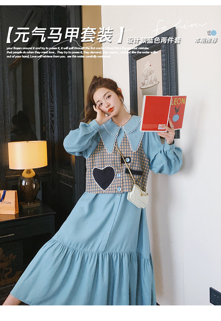 Fashion women's wear Real Shot Tea Series Ladies Long Sleeves Dress Women's Spring and Autumn French Style Gentle Cut Women's Wear Love Vest Suit Skirt