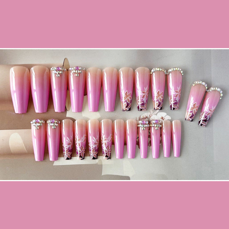 闪钻花朵穿戴甲粉色nails 渐变跨境美甲片外贸假指甲长甲美甲贴片