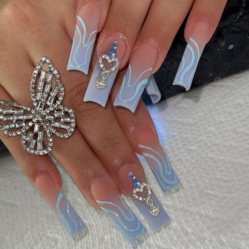 (Hand made nail) European and American Spicy Girl Super Long Instagram Dark Small Stand Retro Trapezoidal Shining Diamond Beauty False Nail Patch Detachable Wearable Nail