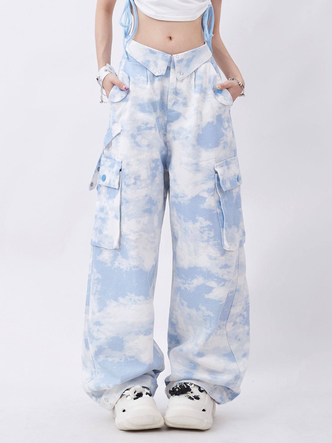 Dopamine pants Free shipping Tattoo Rayohopp dopamine wear camouflage overalls women's flip waist tie-dye design loose straight casual pants