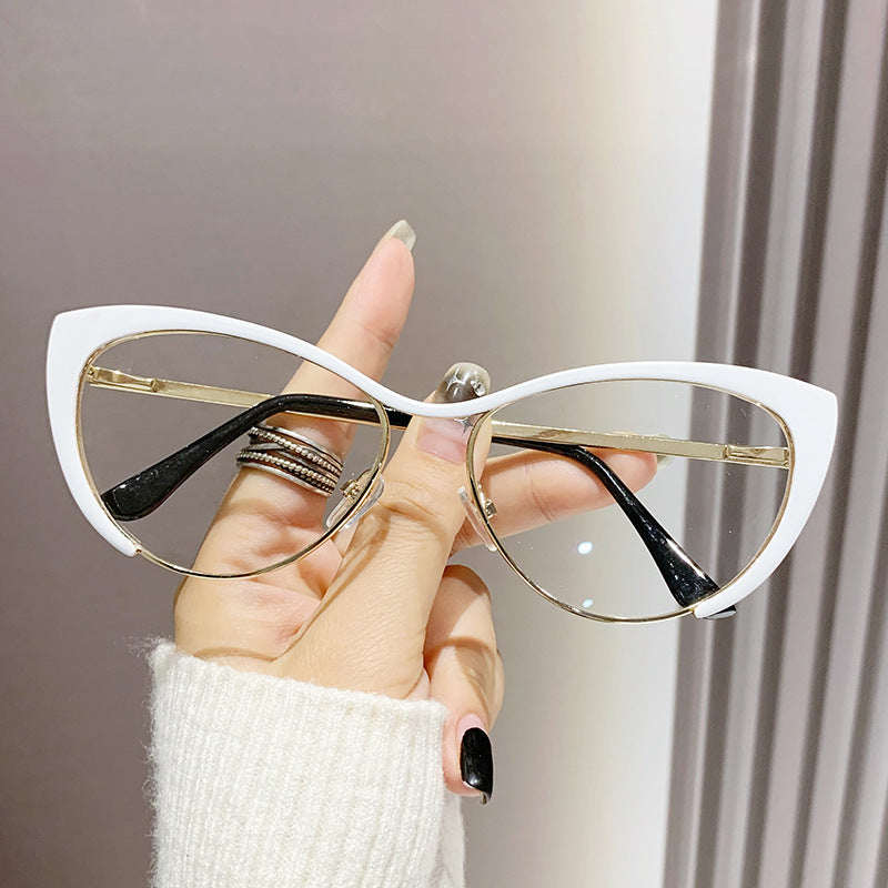 Women's fashion glasses 欧美辣妹墨镜超轻猫眼眼镜黑框女跨境素颜复古摩登防蓝光平光镜架