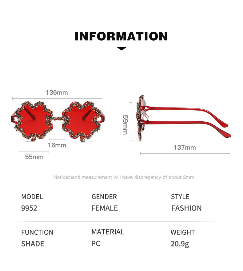 Women's fashion glasses 新款跨境镶钻透明果冻色四叶草太阳镜男女士墨镜欧形连体水钻眼镜