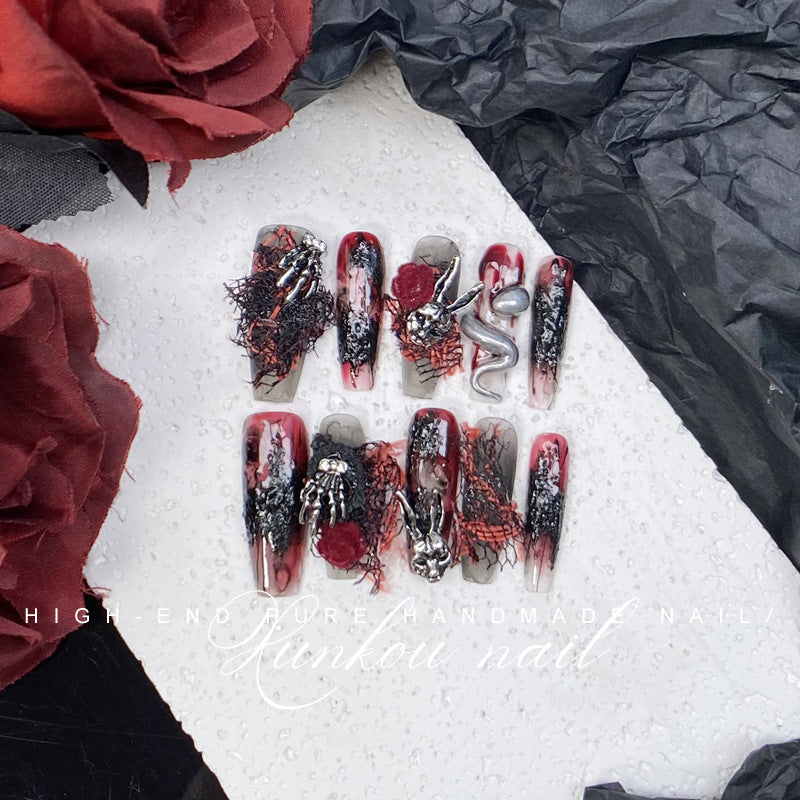 (Hand-Made Nail) Handmade Wear Nail Factory Straight Hair Dark Nail Art Halloween Skull Baroque Heavy Industry Metal Punk Goth