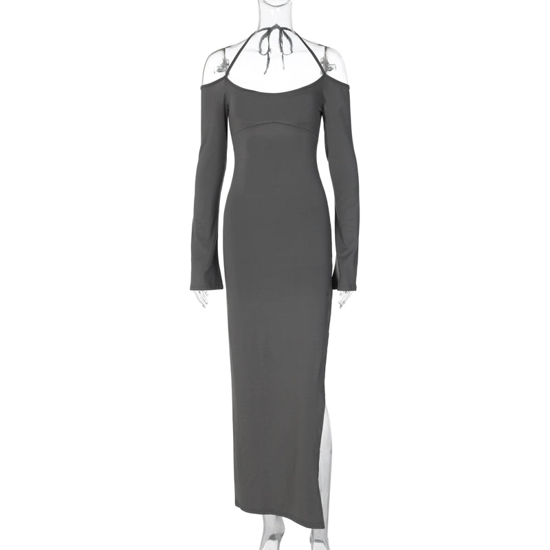 Fashion women's wear Slimming off-Shoulder Long Sleeve Halter Dress Early Autumn New Hot Girl Sexy Backless Sheath Split Dress Fashion