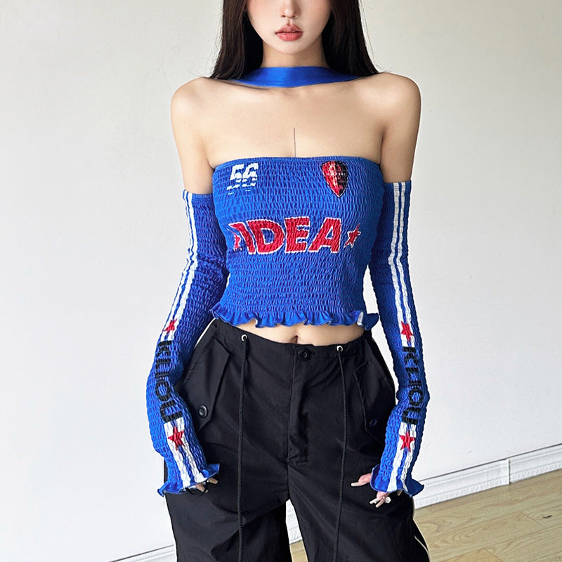 Free shipping   autumn new women's clothing solid color slim-fit street fashion one-word collar printed halter top tops