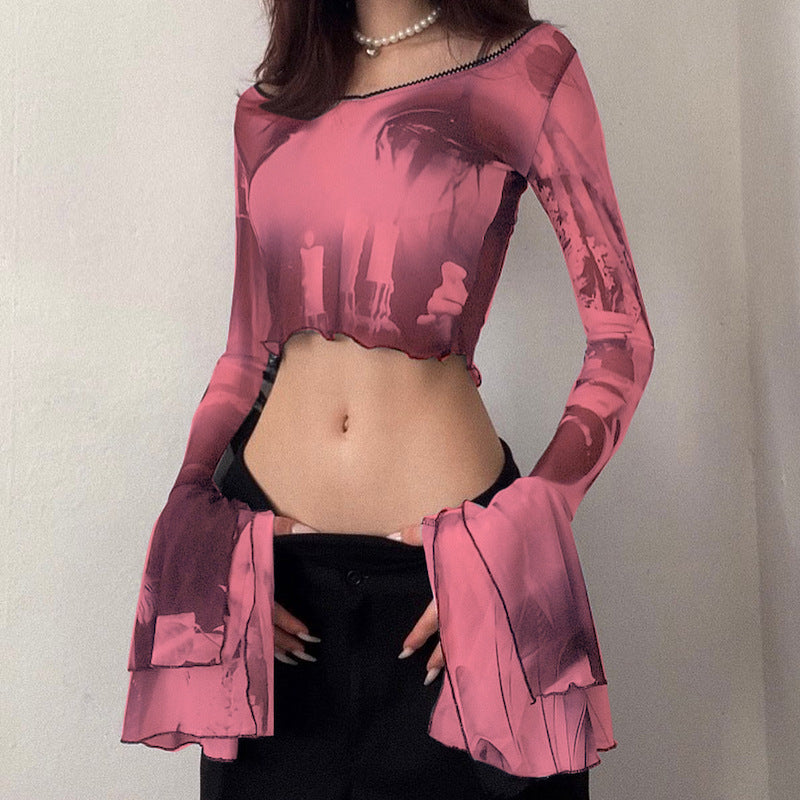 Fashion women's wear Q22tp146 Summer New 2024 Printed round Neck Pullover Horn Long Sleeves Cropped Casual   Women's Clothing Top