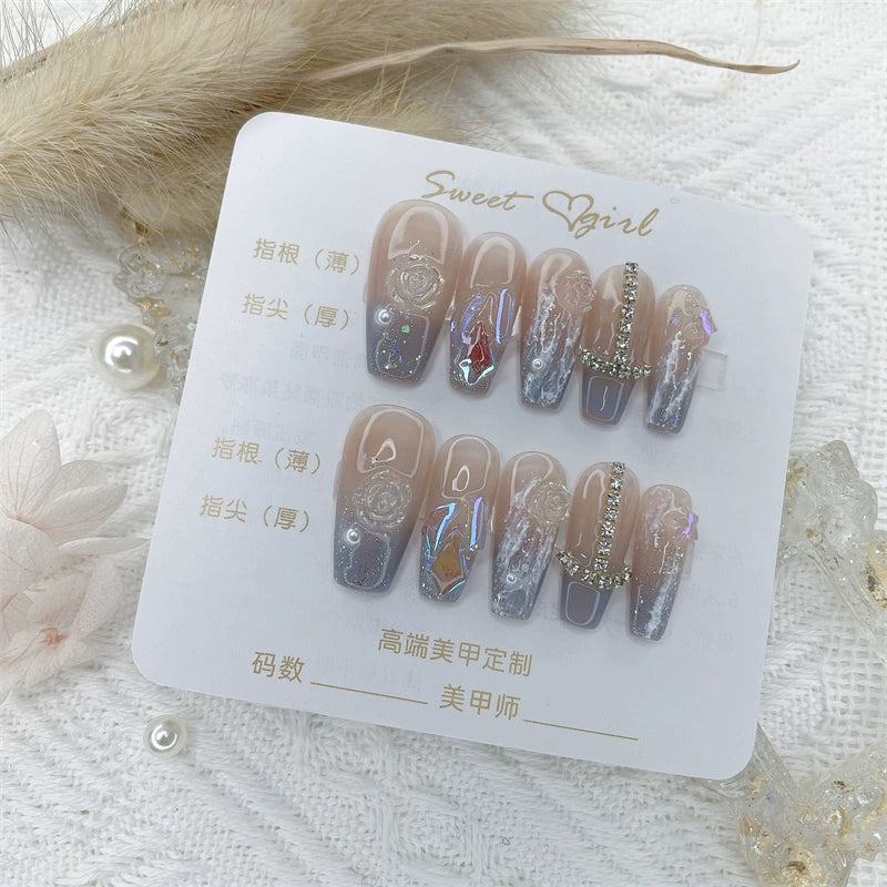 (Hand-made nail) Hand-customized fake nails patch finished product smog blue camellia manicure advanced sense bride A pregnant woman wears a nail.