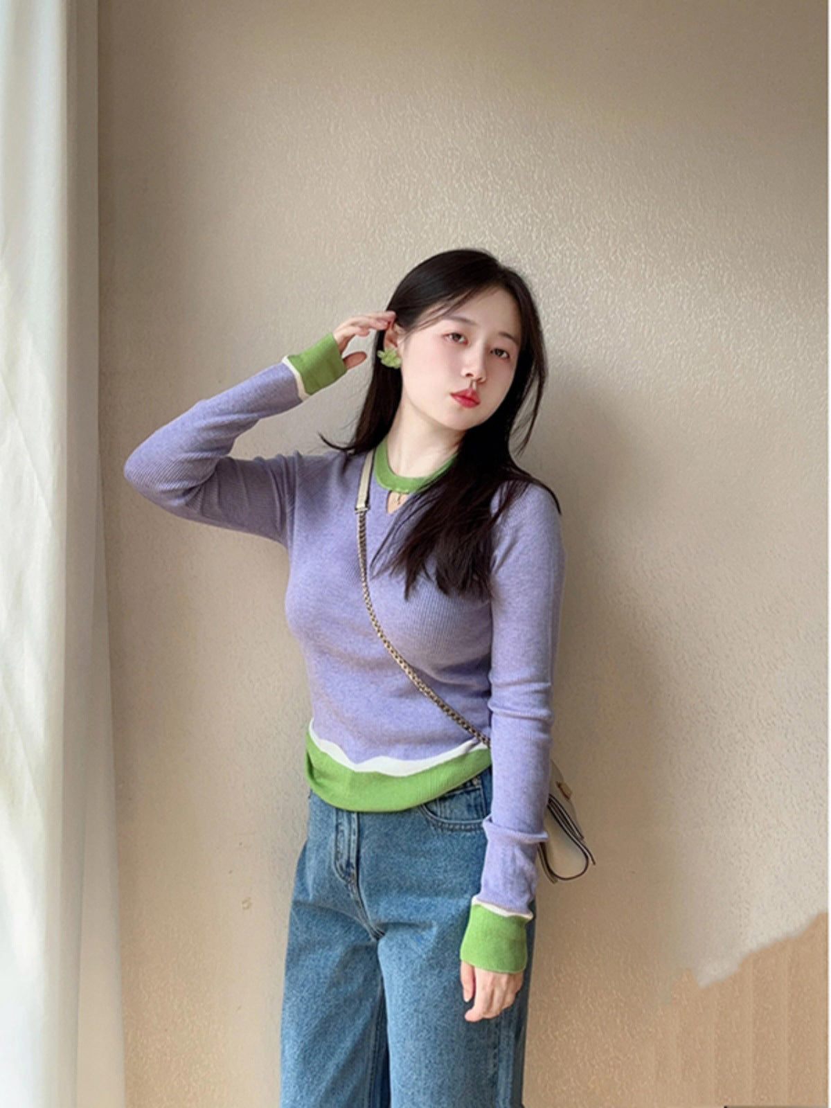Dopamine tops Free shipping Tattoo Purple contrasting color dopamine wear temperament bottoming shirt knitted sweater women's autumn and winter inner wear foreign style age-reducing slim-fit top