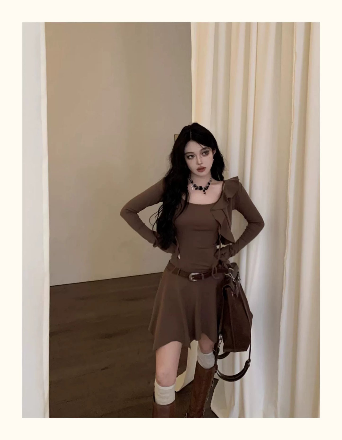 Fashion women's wear Brown Sleeveless Sling Dress Women's Summer Hot Girl Fitted Waist Pleated A- line Short Skirt Ruffled Cardigan Two-Piece Set