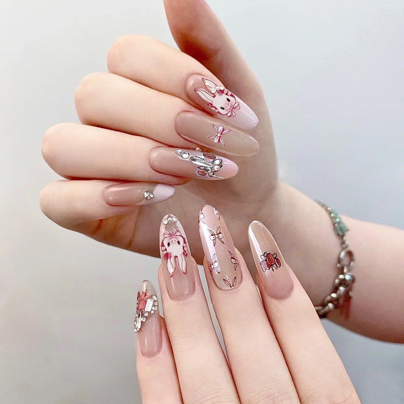 Fashion  nail Cute Rabbit Bow Fake Nail Patch Finished Nail Beauty Wearable Nail Stickers X106