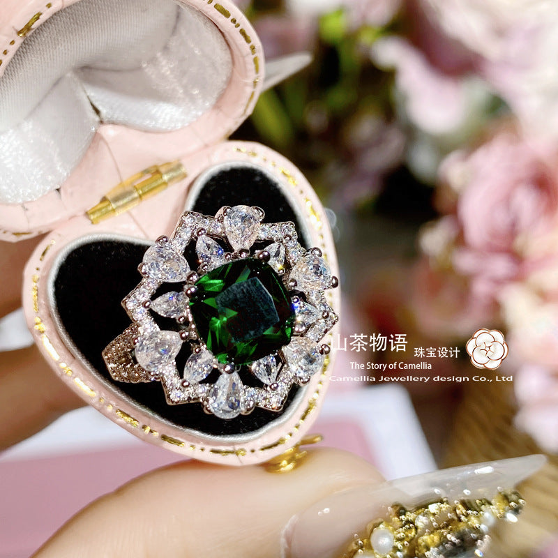 Camellia直播同款彩宝戒指 镀金微镶满钻红蓝刚玉绿尖晶复古指环