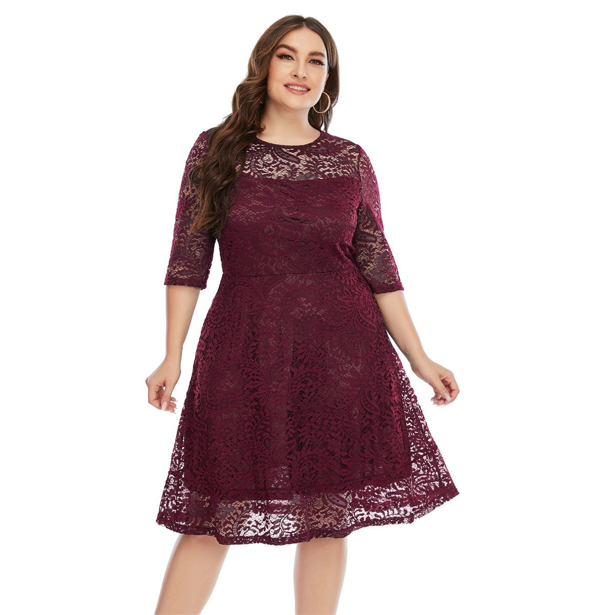 Fashion women's wear 2024   plus Size Women's Clothes round Neck Lace Mid-Length Formal Dress Dress Sq0156