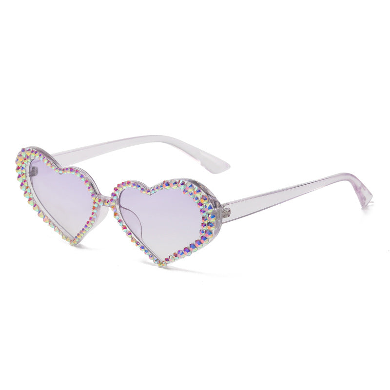 Women's fashion glasses 2023跨境爱心镶钻猫眼太阳镜桃心女士墨镜防紫外线手工钻石眼镜