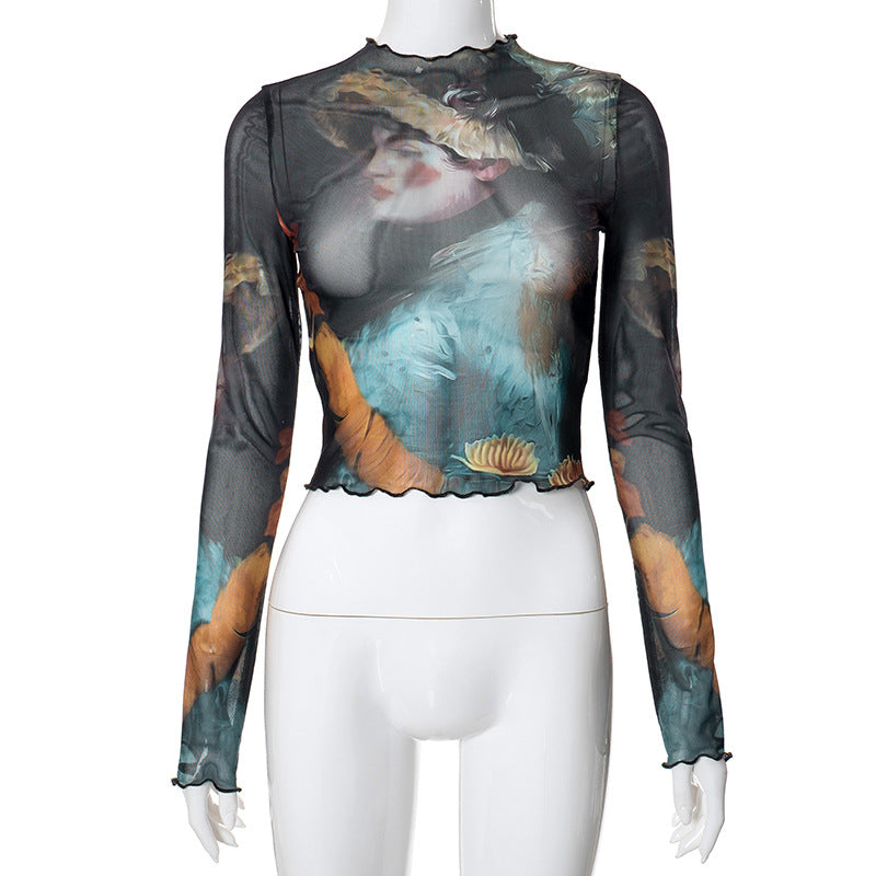Fashion women's wear Q23tp663 American Fashion Girl Print Design Transparent Long Sleeves Cropped Top Long Skirt Women's Suit
