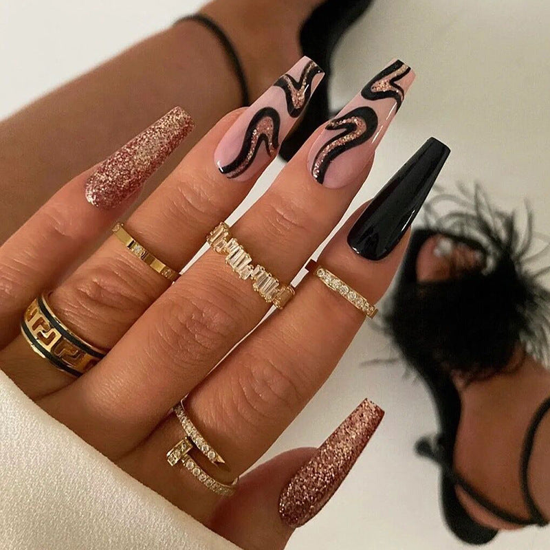 黑色金闪穿戴甲法式nails 跨境美甲片外贸假指甲棺材甲型美甲贴片