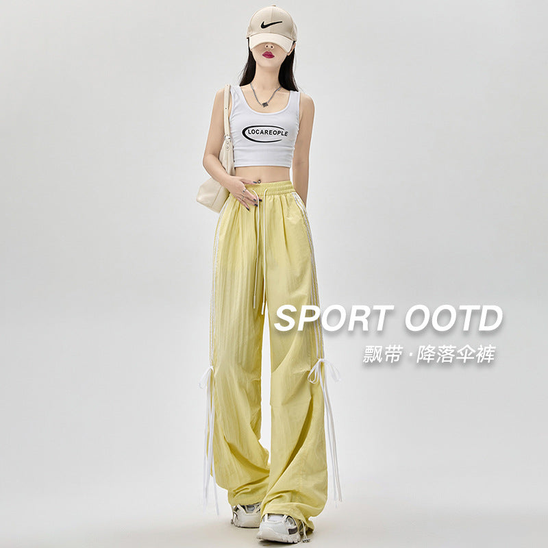 Dopamine pants Free shipping Tattoo American dopamine parachute overalls women's summer bow streamer dancing pants wide-leg ice silk quick-drying pants