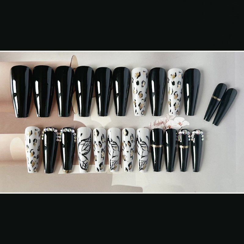 闪钻豹蝶穿戴甲蝴蝶nails 黑色跨境美甲片外贸假指甲长甲美甲贴片