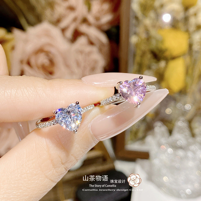 Camellia简约设计宝石少女心戒指 仿帕帕拉恰 镀金黛粉爱心锆指环