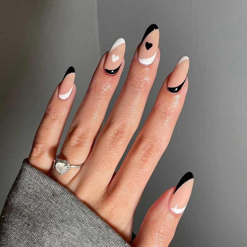 黑白爱心穿戴甲法式nails 跨境美甲片外贸假指甲长尖甲型美甲贴片
