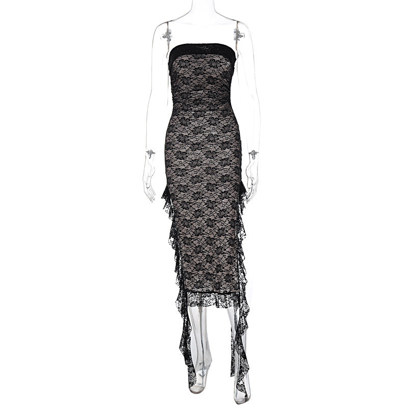 Fashion women's wear INS Style Women's Clothing 2024 New Sexy Hot Girl Lace Double-Layer Tube Top off-Neck Slit Ribbon Dress