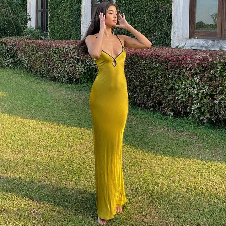 Fashion women's wear High-Grade Solid Color Satin Sling Dress Special-Interest Design French Style Temperament Hot Girl Seaside Vacation Slim Fit Long Dress