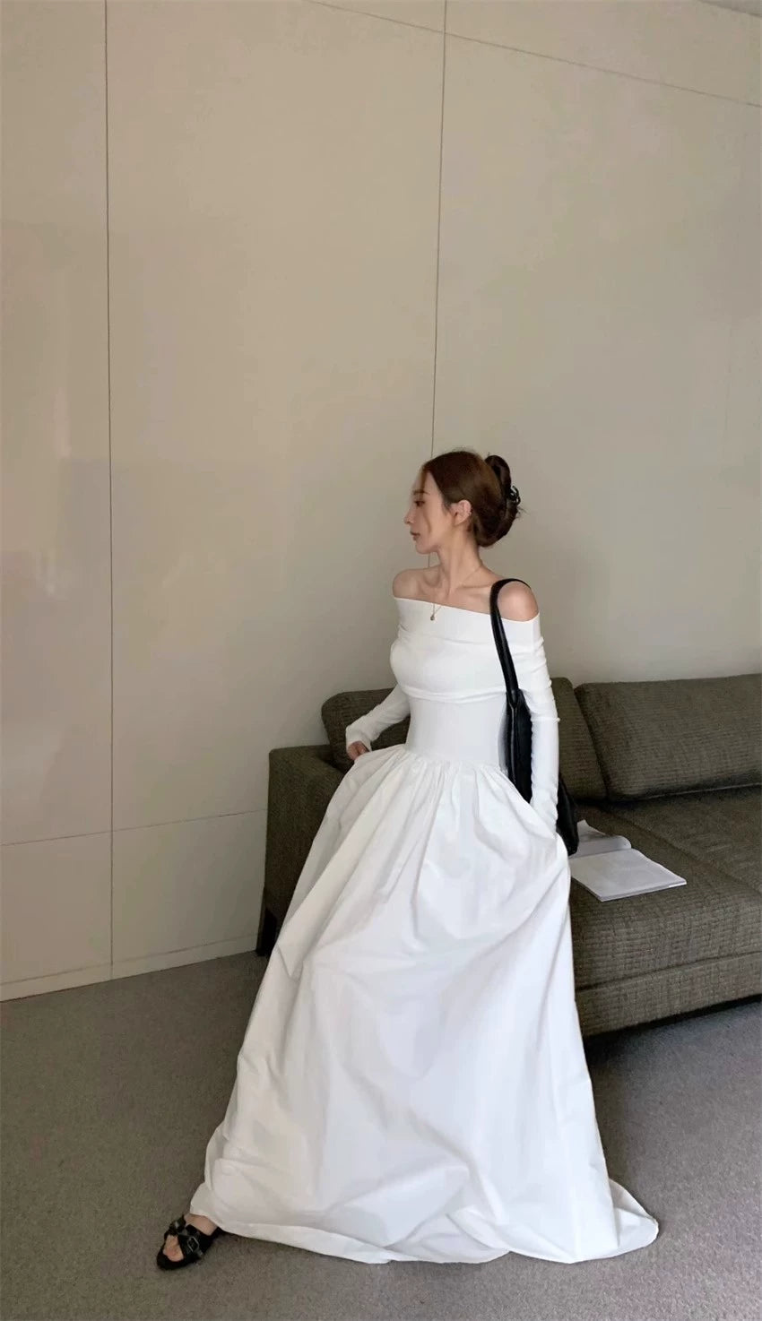 Fashion women's wear Retro Elegant off-Shoulder Long Sleeve Dress Women's Spring and Autumn 2024 New plus Size Plump Girls Waist-Tight A- line Long Skirt