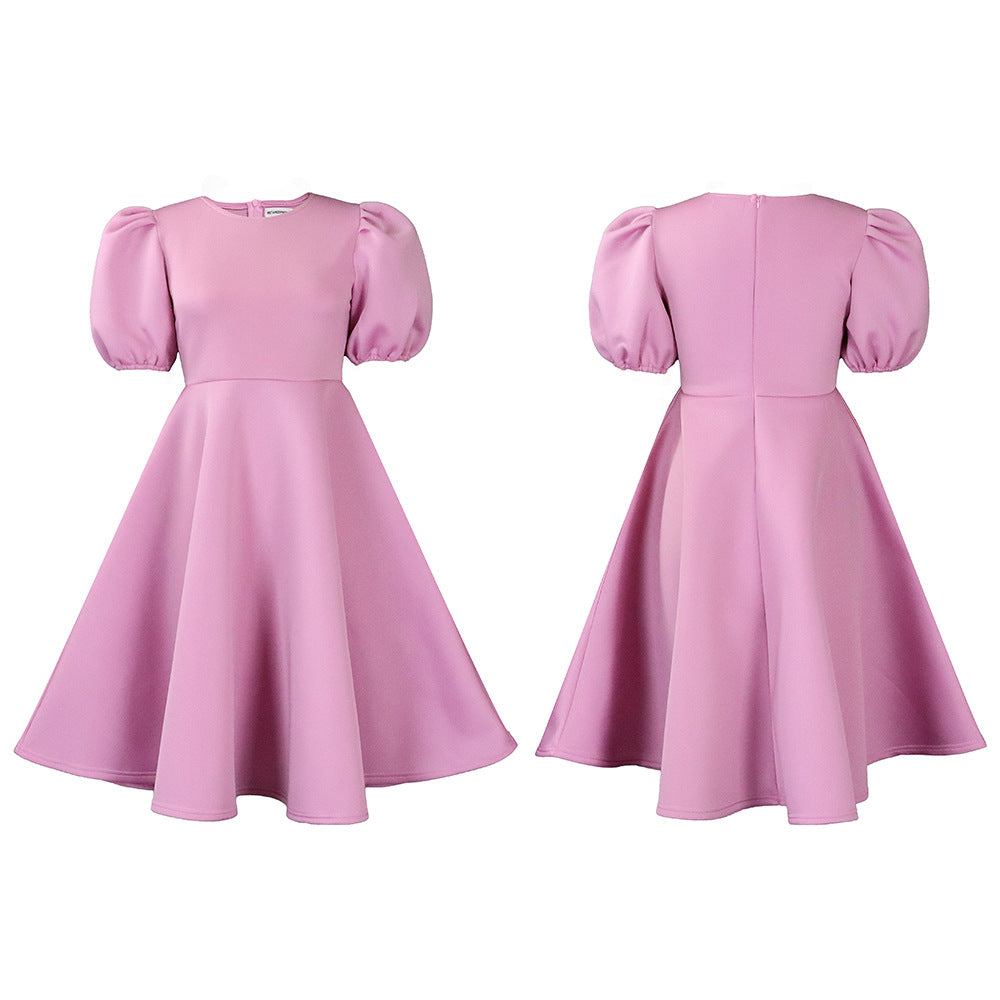 Fashion women's wear Cross-Border European and American Amazon Summer round Neck Graceful Puff Sleeve Waist-Controlled Large Hem Elegant A- line Foreign Trade Dress